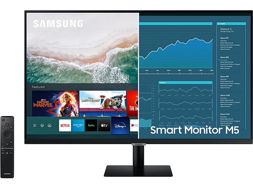 [90895] MONITOR SAMSUNG 27" M5 SMART  FHD (1,920 X 1,080), 60HZ, HDR, 16:9, 250 CD/M², PUERTOS: 2 HDMI 2.0, BT, CONTROL REMOTO, CONECTIVIDAD MOVIL WIRELESS DEX, MIRRORING, BOCINAS INTEGRADAS (LS27AM500NLXZP)