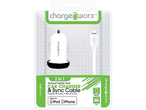[86895] CARGADOR PARA CARRO USB + LIGHTNING, (COMBO PACK) CHARGEWORX PARA IPHONE ( 5/5S/5C, 6/6 PLUS), IPOD, IPAD 3.3FT, BLANCO