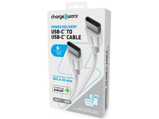 [92252] CABLE USB-C / USB-C PARA SMARTPHONES, TABLETS & GAME CONSOLE, 6FT, BLANCO, CARGA 50% EN 30 MINUTOS