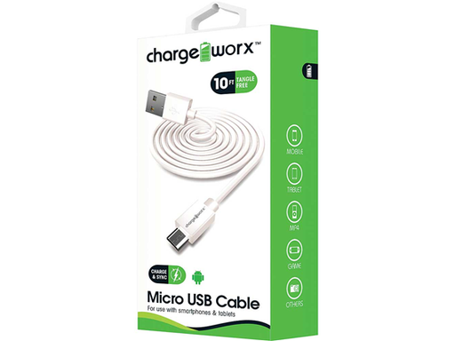 [86987] CABLE MICRO USB PARA SMARTPHONES & TABLETS, CHARGEWORX, 10FT, BLANCO (CX4605WH)
