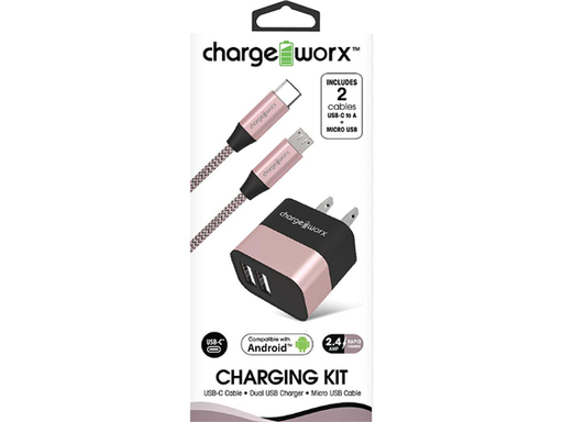 [93533] CARGADOR DE PARED DUAL USB  2.4AMP (KIT) + CABLE MICRO USB + CABLE USB-C , CHARGING KIT, CABLE 3FT, ROSE GOLD.