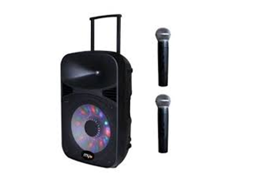 [78743] BOCINA MYO 15" C/TRIPODE Y 2  MICROFONO, PORTATIL CON BATERIA 120W, CON SUBWOOFER, NEGRAS (MYO-15SPBAT)