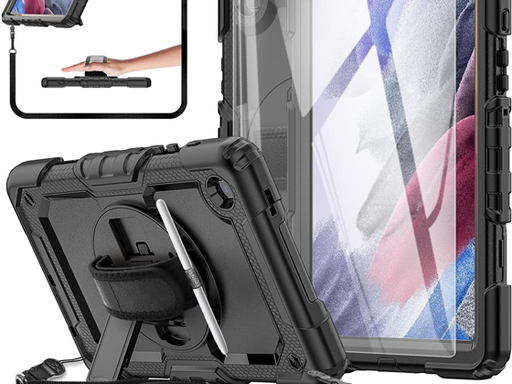 [93377] COVER BASE MALL PARA SAMSUNG GALAXY TAB A7 LITE 8.7" 2021, CON PROTECTOR DE PANTALLA TEMPERED GLASS, A PRUEBA DE CHOQUES, SOPORTE GIRATORIO, SOPORTE PARA S-PEN, CORREA DE MANO/HOMBRO