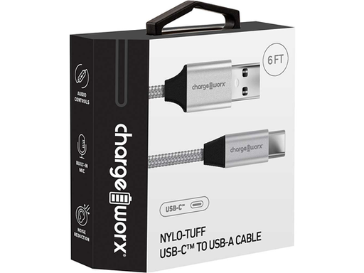 [91935] CABLE USB-C / USB-A CHARGEWORX NYLO-TUFF PARA SMARTPHONES & TABLETS, 6FT, TRENZADO, PLATEADO.