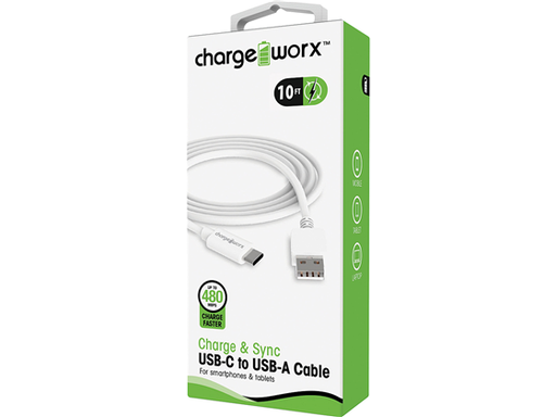[87003] CABLE USB-C / USB-A CHARGEWORX  PARA SMARTPHONES & TABLETS, 10FT, BLANCO, CARGA RAPIDA