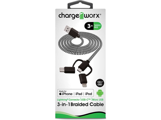 [91062] CABLE CARGADOR MICRO USB PARA EQUIPOS ANDROID & USB- C Y LIGHTNING, CHARGEWORX, PUNTA DE 3P PINES PARA APPLE Y ANDROID, 3FT, NEGRO