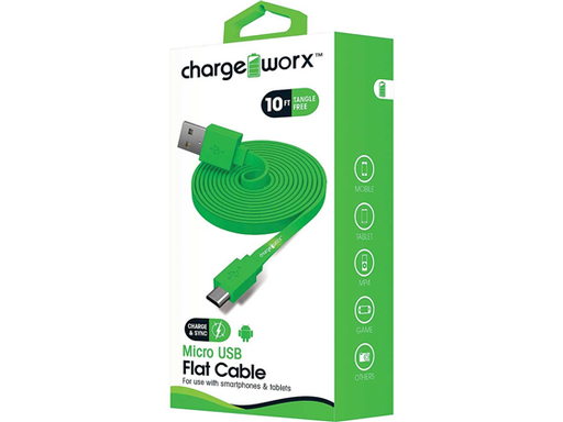 [86061] CABLE MICRO USB PARA SMARTHONES & TABLETS, CABLE PLANO CHARGEWORX, 10FT, VERDE (CX4511GN***)