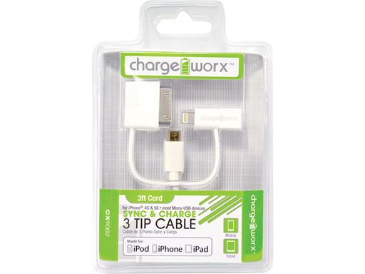 [82738] CABLE CARGADOR MICRO USB PARA EQUIPOS ANDROID & IPHONE 4S Y 5S, CHARGEWORX, CON LIGHTNING & PUNTA DE 3P PINES PARA APPLE, 3 EN 1, 3FT, BLANCO.