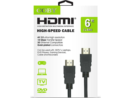 [88009] CABLE HDMI 6 PIES COBY, 4K, 2.0 ULTRA-HD, NEGRO.