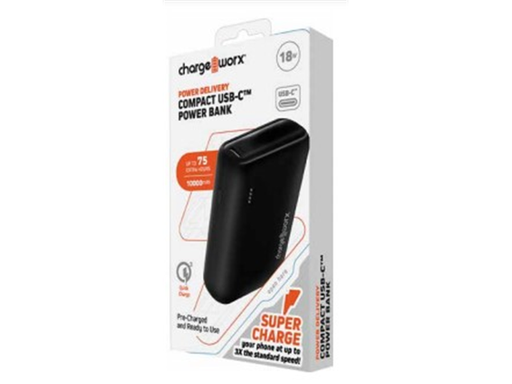 [92256] CARGADOR MOVIL (POWER BANK), CHARGEWORX 10000MAH, LED INDICATOR, DUAL USB-C Y USB, CARGA RAPIDA Y PD. (NEGRO)