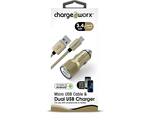 [86949] CARGADOR PARA CARRO USB (3.4AMP) + CABLE MICRO USB ,3FT, CHARGEWORX PARA SMARTPHONES & TABLETS, DORADO, CARGA RAPIDA,