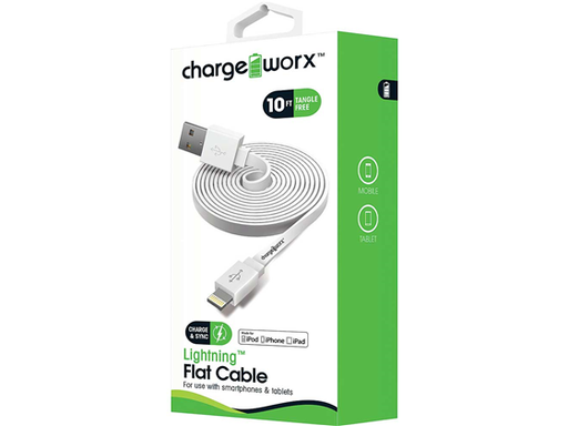 [86977] CABLE PARA SMARTPHONES & TABLETS, CABLE PLANO, LIGHTNING CHARGEWORX, 10FT, BLANCO