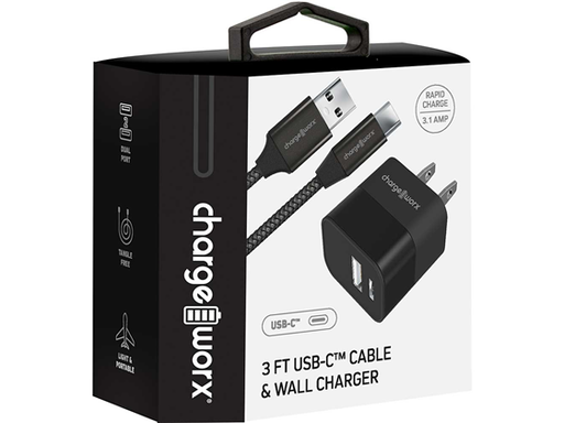 [91940] CABLE USB A TYPE C 3 FT TRENZADO Y CARGADOR DE PARED DUAL USB Y USB TYPE-C 5V(3.1AMP), CARGA RAPIDA, NEGRO