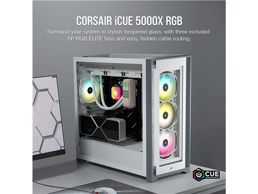 [92562] CASE CORSAIR ICUE 5000X , MID TOWER, WHITE, 7 EXPANSION SLOT, 4X 2.5", 2X 3.5", CRISTAL TEMPLADO EN TOPE, LATERAL Y FRENTE, SOPORTA 3 ABANICOS 120MM FRONTAL, TOPE Y LATERAL(CC-9011213-WW)