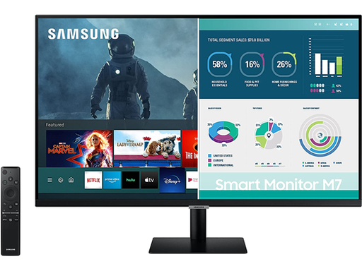 [90896] MONITOR SAMSUNG 32" M7 SMART UHD (3,840 X 2160), 60HZ, HDR, 16:9, 250 CD/M², PUERTOS: 2 HDMI 2.0, USB-C, BT, CONTROL REMOTO, CONECTIVIDAD MOVIL WIRELESS DEX, MIRRORING, BOCINAS INTEGRADAS (LS32AM702UNXZA)