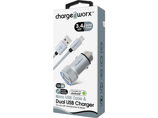 [82772] CARGADOR PARA CARRO DUAL USB 1.0A Y 2.4A (TOTAL 3.4AMP) + CABLE MICRO USB, 3FT,  ESCAPE HAMMER, CHARGEWORX, PLATEADO, CARGA RAPIDA (COMPATIBLE CON ANDROID)