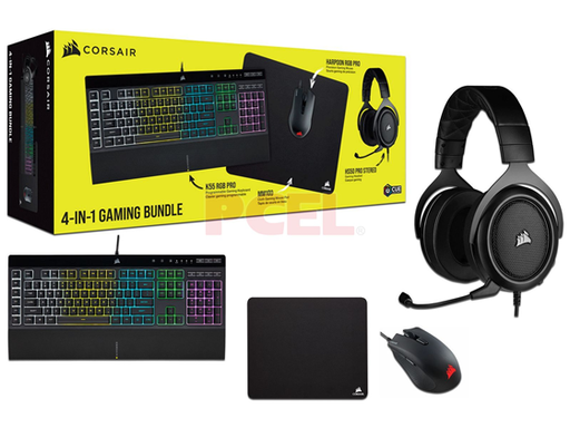[92584] TECLADO + MOUSE + HEADSET + MOUSEPAD CORSAIR 4 EN 1 SET (K55 RGB PRO + HARPOON RGB PRO + HS50 PRO + MM100) GAMINING COMBO, USB, BACKLIT, ESPAÑOL (CH-9226A65-SP)