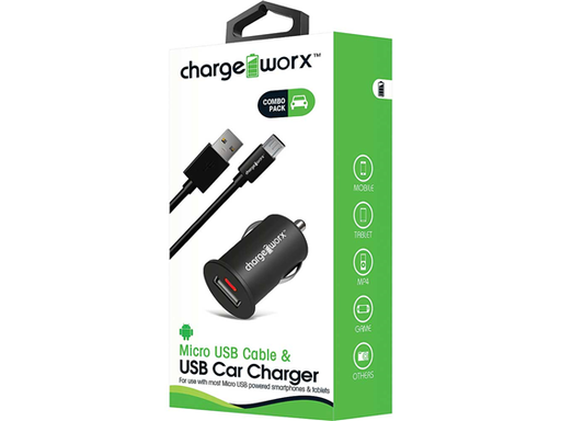 [82773] CARGADOR PARA CARRO USB (1.0A) + CABLE MICRO USB, 3.3FT, CHARGEWORX,  INDICADOR DE CARGA LED, NEGRO