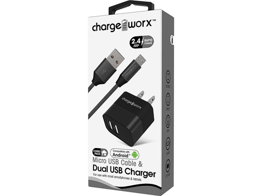 [82786] CARGADOR DE PARED DUAL USB (2.4AMP) + CABLE MICRO USB, CHARGEWORX PARA SMARTPHONES & TABLETS, 3FT, NEGRO, CARGA RAPIDA