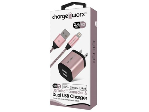 [82784] CARGADOR DE PARED DUAL USB + CONECTOR LIGHTNING ( 2.4AMP), CHARGEWORX PARA SMARTPHONES & TABLETS, 3FT, ORO ROSA, CARGA RAPIDA