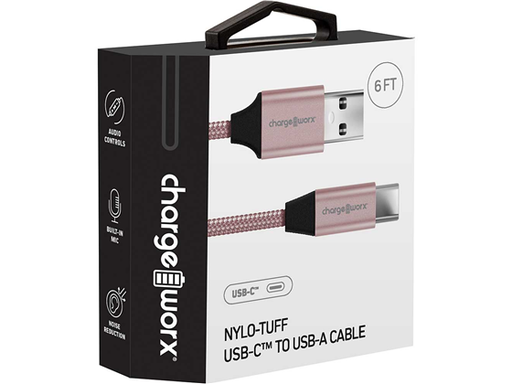 [91934] CABLE USB-C / USB-A CHARGEWORX NYLO-TUFF PARA SMARTPHONES & TABLETS, 6FT, TRENZADO, ROSE GOLD.