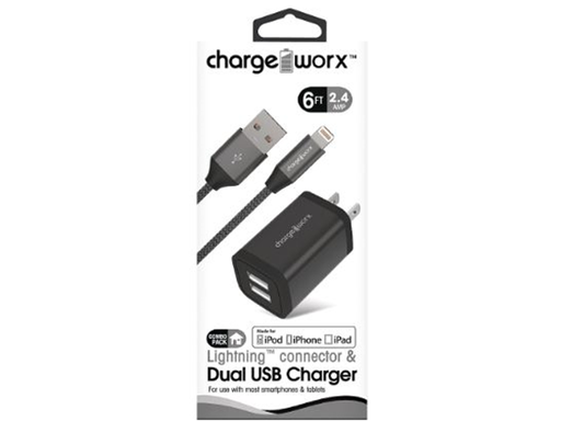 [86091] CARGADOR DE PARED + CABLE LIGHTNING , DUAL USB (2.4AMP) CHARGEWORX PARA SMARTPHONES & TABLETS, 6FT, METAL,  NEGRO