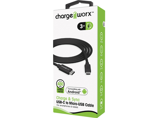 [86989] CABLE USB-C/MICRO-USB PARA SMARTPHONES & TABLETS, CHARGEWORX, 3FT, BLANCO