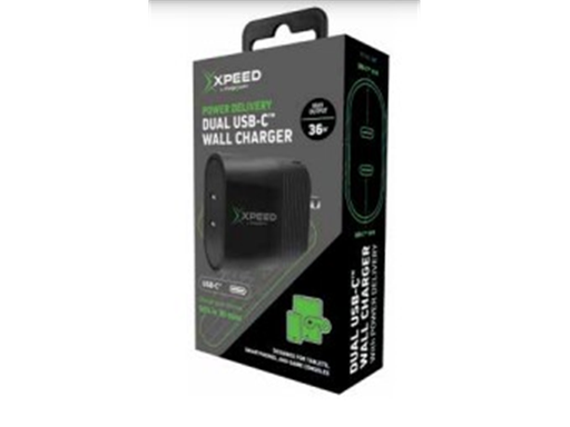 [93465] CARGADOR DE PARED DUAL USB-C, 36W CHARGEWORX, PARA SMARTPHONES & TABLETS, ENCHUFE PLEGABLE, CARGA RAPIDA COLOR NEGRO. AX3019BK.