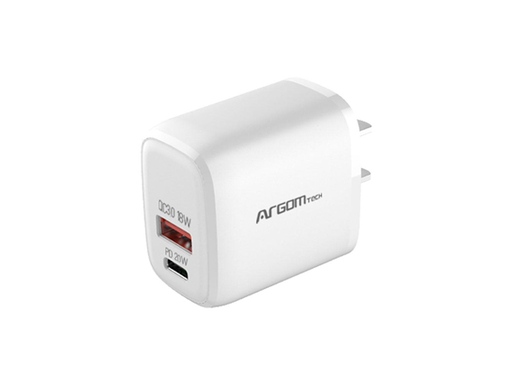 [91409] CARGADOR USB DE PARED ARGOM DUAL, 40W, CARGA RAPIDA, TECNOLOGIA PD PUERTO TIPO-C Y USB P/CELULARES, MP3 , CAMARAS Y IPAD.