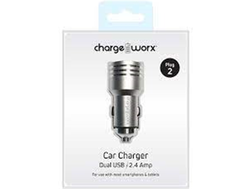[92259] CARGADOR PARA CARRO DUAL USB (2.4AMP) CHARGEWORX PARA SMARTPHONES & TABLETS, PLATEADO.