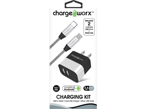[91941] CARGADOR DE PARED DUAL USB  2.4AMP (KIT) + CABLE MICRO USB + CABLE USB-C , CHARGING KIT, CABLE 3FT, PLATEADO.