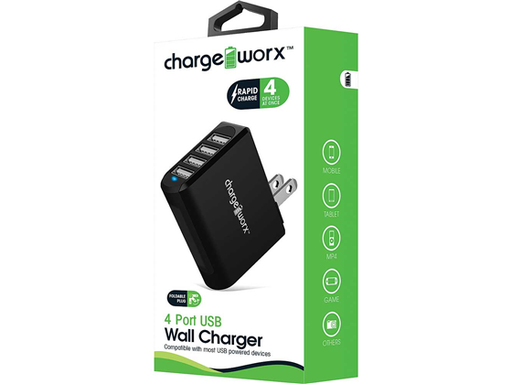 [82795] CARGADOR USB DE 4 PUERTOS (2.4AMP), CHARGEWORX COMPATIBLE CON DISPOSITIVO USB, NEGRO