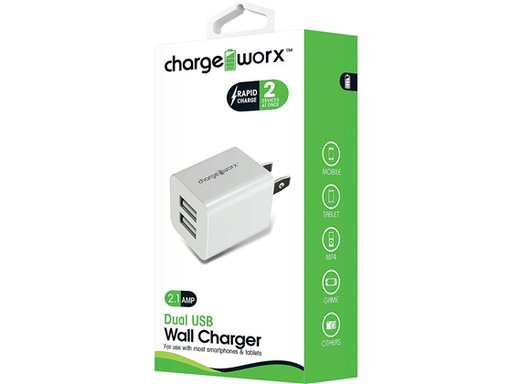 [86894] CARGADOR DE PARED DUAL USB (2.1AMP), CHARGEWORX PARA SMARTPHONES & TABLETS, BLANCO