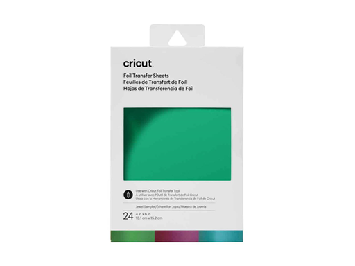 [93455] PAQUETE DE HOJAS CRICUT DE FOIL TRANSFERENCIA, (24 HOJAS), 4 X 6". COLOR JOYERIA: MORADO,TURQUESA Y VERDE. (2008703).