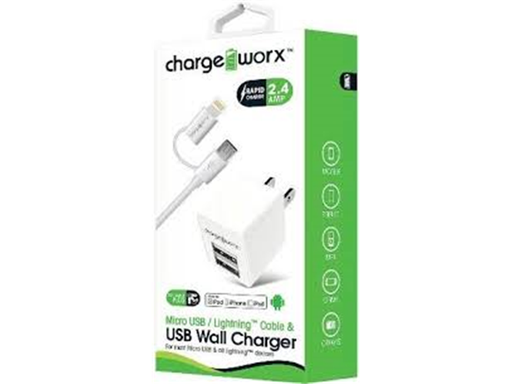 [82793] CARGADOR DE PARED + CABLE MICRO USB/ LIGHTNING (2.4AMP), CHARGEWORX PARA SMARTPHONES & TABLETS, 3FT, BLANCO (CX3047WH)