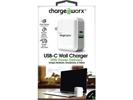 [86954] CARGADOR DE PARED/ USB-C /USB-A (CARGA RAPIDA) PARA MACBOOKS, SMARTPHONES & TABLETS, CHARGEWORX, BLANCO.