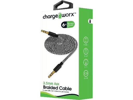 [92271] CABLE AUXILIAR PARA EQUIPOS DE AUDIO CHARGEWORX, TRENZADO, CONECTOR DE 3,5 MM, AUDIO DE ALTA CALIDAD, UNIVERSAL, CONECTORES ENCHAPADOS EN ORO, DISEÑO DURADERO SIN ENREDOS, CABLE DE 6 PIES / 1,8 M DE LONGITUD.