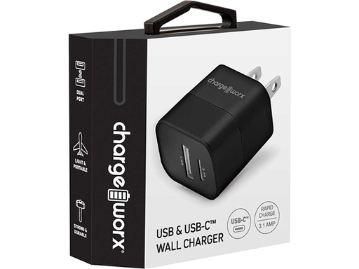 [91939] CARGADOR DE PARED DUAL USB Y USB TYPE-C 5V(3.1AMP), CARGA RAPIDA, NEGRO.