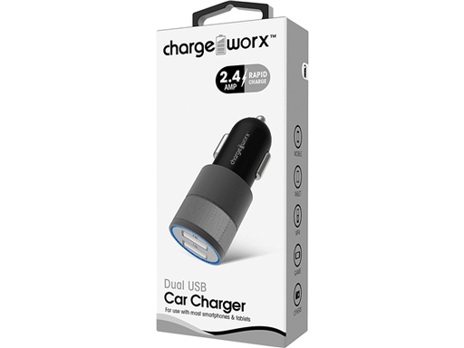 [82754] CARGADOR PARA CARRO DUAL USB (2.4AMP), CHARGEWORX PARA SMARTPHONES & TABLETS, NEGRO/GRIS, CARGA RAPIDA