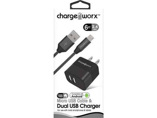 [86094] CARGADOR DE PARED + CABLE MICRO USB, DUAL USB (2.4AMP) CHARGEWORX PARA SMARTPHONES & TABLETS, 6FT, METAL, NEGRO
