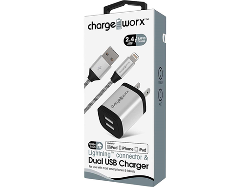 [87030] CARGADOR DE PARED DUAL USB (2.4AMP) + CABLE LIGHTNING, 3FT, CHARGEWORX PARA SMARTPHONES & TABLETS, PLATEADO, CARGA RAPIDA
