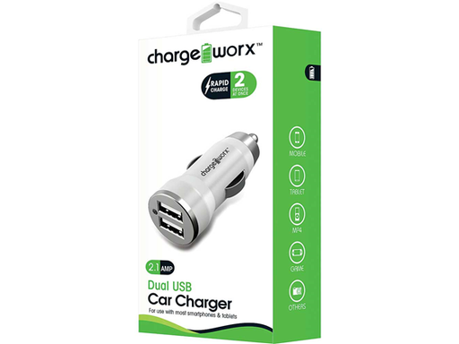 [86893] CARGADOR PARA CARRO DUAL USB (2.1AMP) CHARGEWORX PARA SMARTPHONES & TABLETS, BLANCO