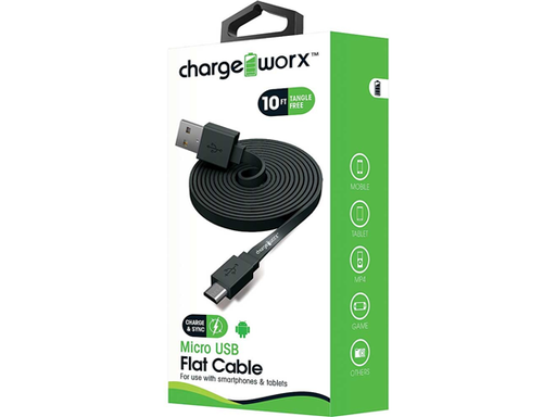 [86058] CABLE MICRO USB PARA SMARTHONES & TABLETS, CABLE PLANO CHARGEWORX, 10FT, NEGRO (CX4511BK***)
