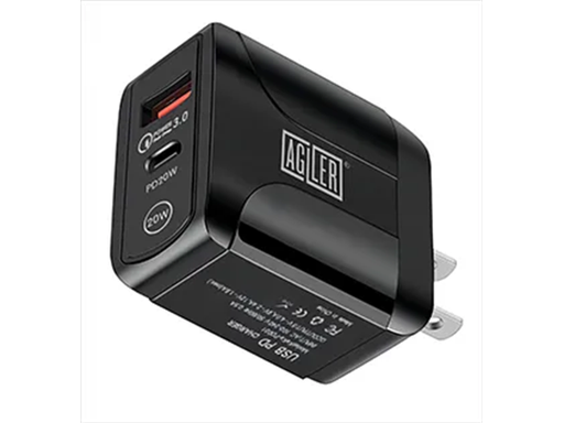 [94123] CARGADOR DE PARED AGILER FAST CHARGE USB C + USB A, 20W, NEGRO (AGI-1945)