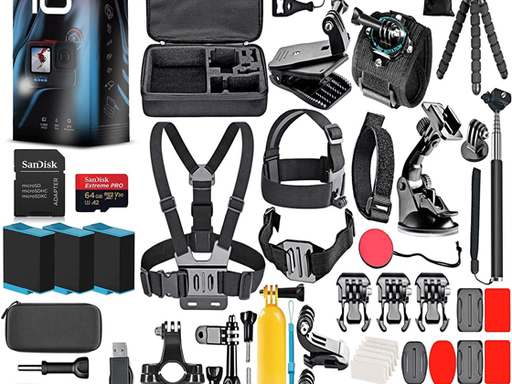 [94270] CAMARA DIGITAL GOPRO HERO10, LCD FRONTAL Y PANTALLAS TRASERAS TÁCTILES, MOTOR GP2, 5K HD, FOTOS DE 23 MP, TRANSMISIÓN EN VIVO, TARJETA DE 64 GB, KIT DE ACCESORIOS DE 50 PIEZAS Y 2 BATERÍAS ADICIONALES, NEGRO