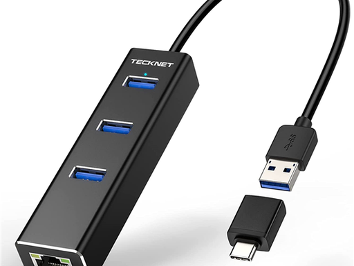 [94338] ADAPTADOR TECKNET USB/USB-C A ETHERNET, 3 PUERTOS USB 3.0, RJ45, NEGRO