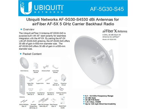 [94474] ANTENA UBIQUITI AIRFIBER (PLATO) AIRMAX HIGH PEFORMANCE BRIDGE OUTDOOR 5.8GHZ 450+ MBPS, 30DBI (AF-5G30-S45)