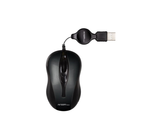 [94535] MOUSE ARGOM USB, RETRÁCTIL , RESOLUCIÓN 1000 DPI, PLUG & PLAY, AHORRO DE ESPACIO, RODILLO DE ALTA PRECISIÓN, DIMENSIONES 87 X 30 X 46 MM, NEGRO (0008BK).