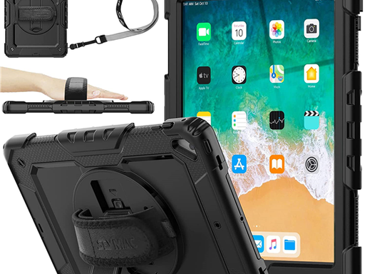 [94812] COVER SEYMAC PARA IPAD 9.7’’ 6TH/5TH GEN, PROTECTOR DE PANTALLA, CORREA DE MANO GIRATORIA 360, NEGRO
