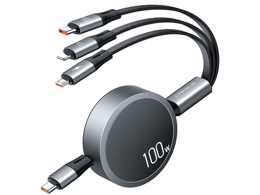 [94824] CABLE USB-C RETRACTILCAFELE, 3 EN 1, USB-C, MICRO USB, 100W, NEGRO